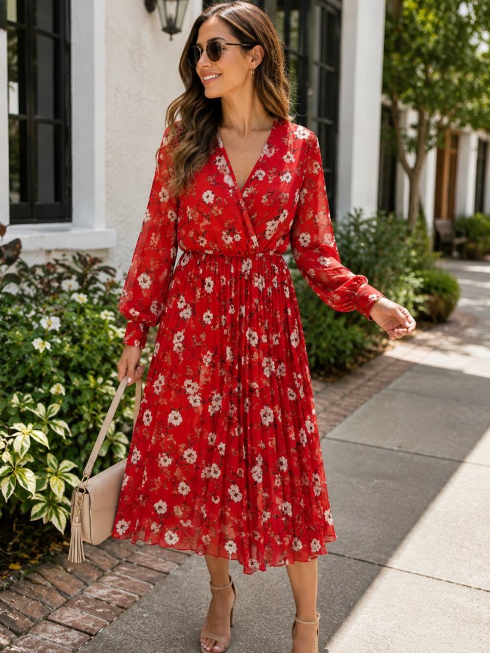 Women L Red Floral Pleated Midi Dress Long Sleeve Indigo Rose V-Neck NWT